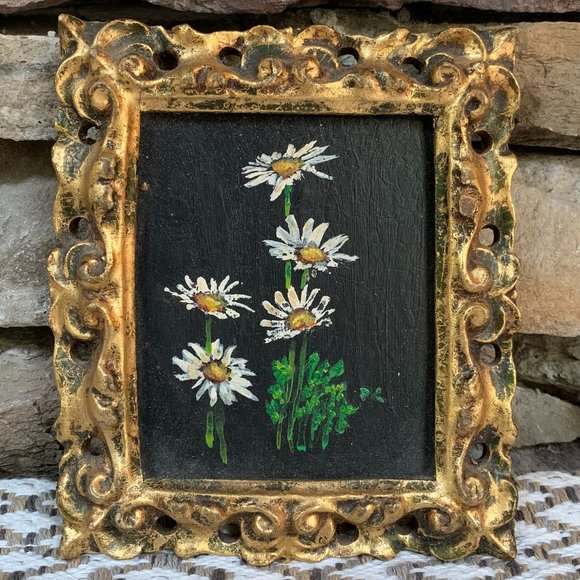 VTG 4 Floral Original Oil Paintings Gold Frames Black Philippa Connolly 1970 - Picture 2 of 16